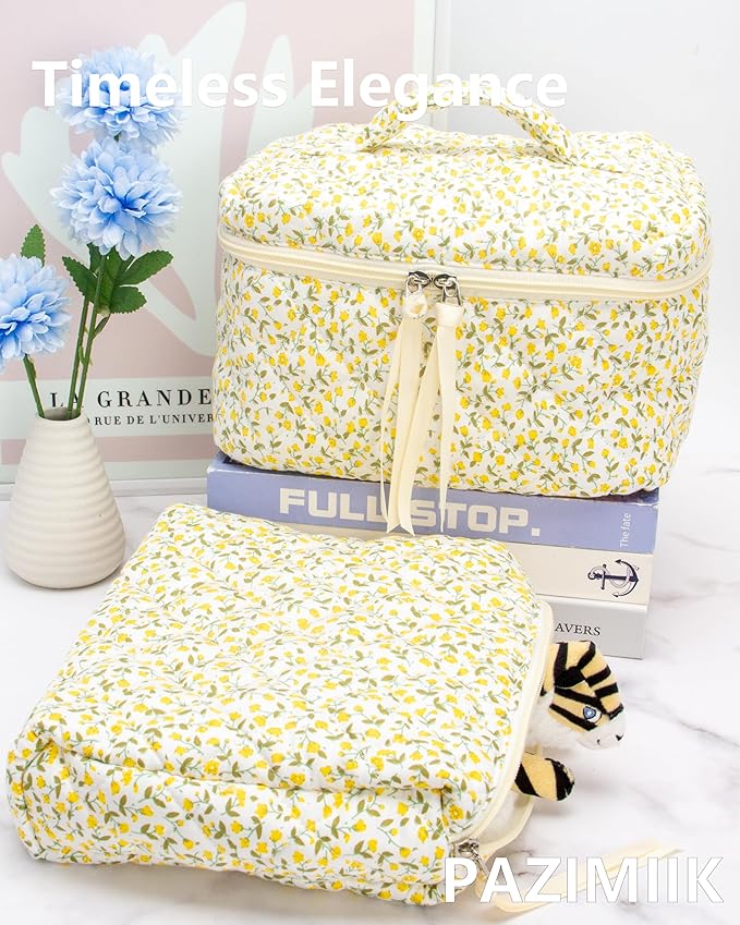 PAZIMIIK Quilted Makeup Bag Large Travel Zipper Soft Cosmetic Pouch for Women Girls Make Up,Floral Yellow