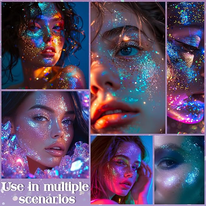 12 Colors Makeup Body Glitter Gel and Face Glitter Gel, Glow in The Dark for Hair and Eyeshadow, UV Black Light for Raves Festivals, Makeup for Women and Kids