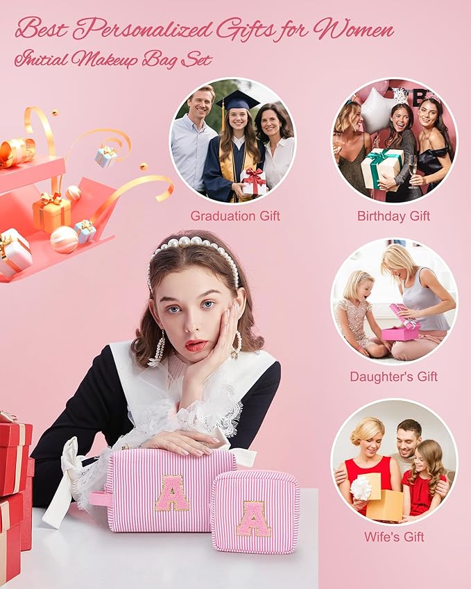 MONSTINA Initial Makeup Bags for Women|Cosmetic Bag for Travel Toiletry - Birthday Gifts for 11 12 13 14 15 16 17 18 Years Old Girls- Graduation Teen Girl Gifts Trendy Stuff Teacher Gift,2PCS,Pink S