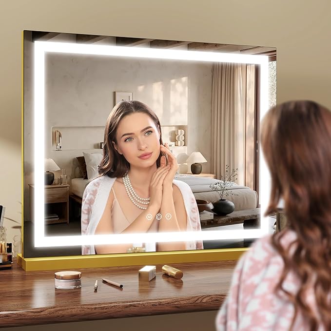Gold Vanity Mirror with Lights 23x18 Inch, 3-Color Dimmable LED & Touch Control - Large Makeup Mirror for Dressing Room (Wall/Tabletop Mount)