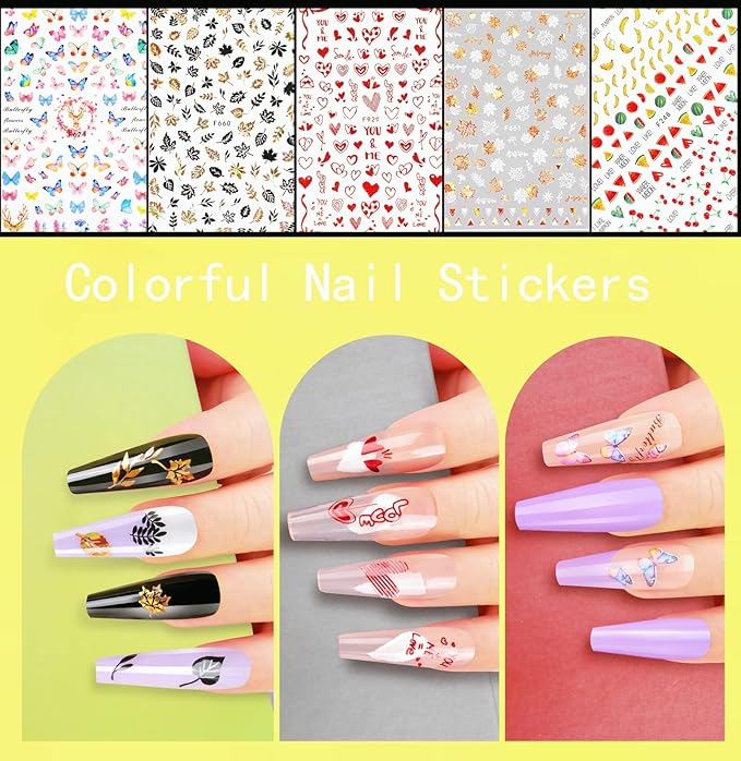 Teenitor 12 Sheets Nail Art Sticker Self-Adhesive, Flower Nail Stickers 5D Embossed Nail Decals, 5 Boxes Nail Glitter Sequins Flakes, Nail Art Design Tools Self Adhesive