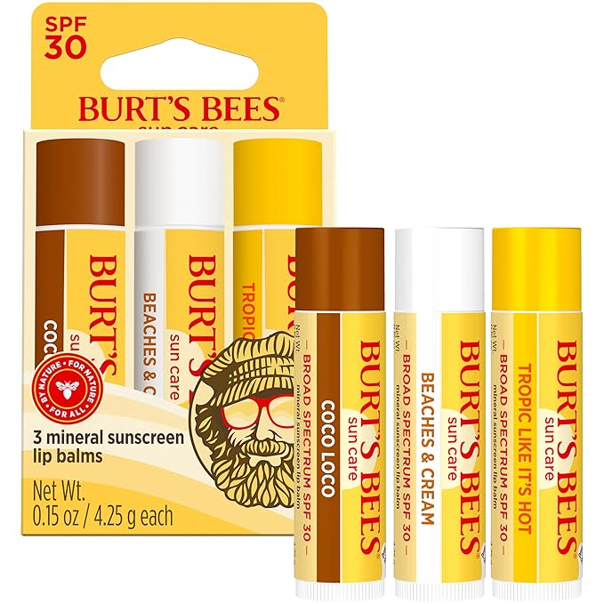 Burt’s Bees SPF 30 Lip Balm, Island Getaway - Coco Loco, Beaches & Cream, Tropic Like It's Hot, Water-Resistant Sun Care, Natural Origin Lip Treatment, 3 Tubes, 0.15 oz
