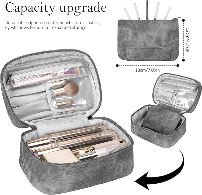 Makeup Bag, Portable Cosmetic Bag, Large Capacity Travel Makeup Case Organizer,Stylish Denim-Look Toiletry Bag for Women Girls With Handle and Removable Pouch