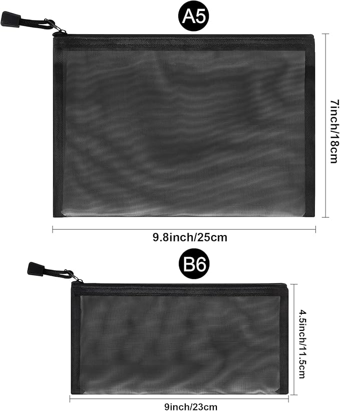 12 Pieces Zipper Nylon Mesh Pouch, Mesh Cosmetic Bags Makeup Bags Pencil Case, Multipurpose Travel Bags for Cosmetic School Office Supplies and Travel Accessories (Black,White,Grey, A5+B6)