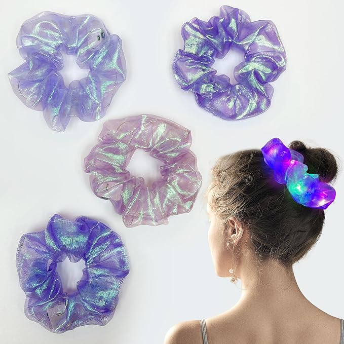 4Pcs Light Up Scrunchies Halloween Hair Tie, Purple LED Scrunchy Hair Elastic for Women & Girls, Glow in the Dark Party Supplies Party Favor Festival Rave Accessories for Neon Glow Party