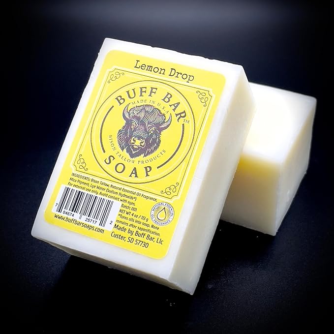 Bison Tallow Buff Soap Bar, Lemon Drop, (2 pack) - Scents of Lemon, Orange, & Lemongrass - Cleans, Moisturizes, Soothes, Hydrates - No Dyes, Chemicals, or Preservatives