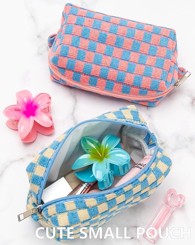 PAZIMIIK Checkered Makeup Bag for Purse Portable Zipper Make Up Pouch Small Cosmetic Case for Travel Accessories Blue Beige