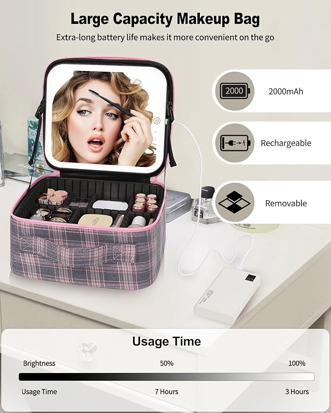 Makeup Bag With LED Mirror, Travel Makeup Case with Light up Mirror Large Cosmetic Case with 3 Color Lighted Portable Organizer Bag with Adjustable Dividers(Pink/Grey Stripes-Canvas, Small)