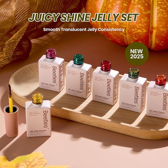Beetles Jelly Gel Nail Polish Set - Autumn Prism Jelly Gel Polish, 6 Colors Fall Gel Polish Kit Yellow Orange Burgundy Red Purple Green Sheer Translucent Soak off UV Nail Art Manicure Gift for Women