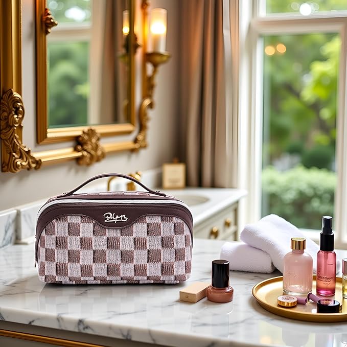 BOYATU Travel Makeup Bag for Women: Large Cosmetic Bag Set of 3 - PU Leather Make up Bag with Compartments - Compact Waterproof Toiletry Bag with Divider & Handle (C-03Brown)