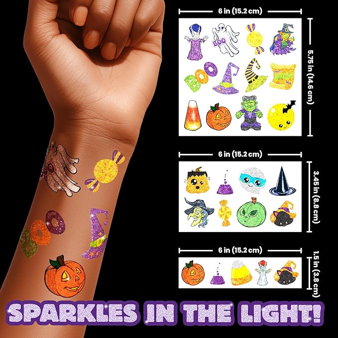 Assorted Glitter Halloween Tattoos – Sparkly Temporary Tattoos for Kids, Includes Pumpkins, Ghosts, Bats & More, Non-Toxic Party Favors & Trick-or-Treat Handouts