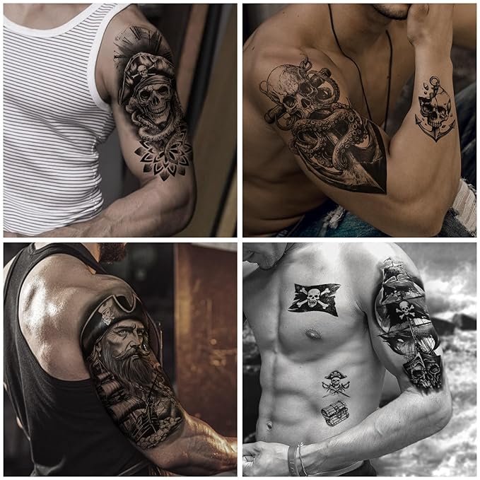 77 Sheets Pirate Temporary Tattoos Adult,Captain Anchor Compass Sailboat Tattoos, Pirate Ships Flag Skull Crossbones Sailor Fake Tattoo for Costume, Halloween Fake Arm Tattoos for Men Women Kids