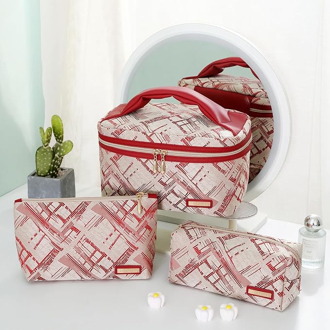 Richeart 3PC Makeup Bag Set, Cationic Jacquard Large Cosmetic Organizer, Back-Coated Solvent-Free Travel Toiletry Bag for Women - Red