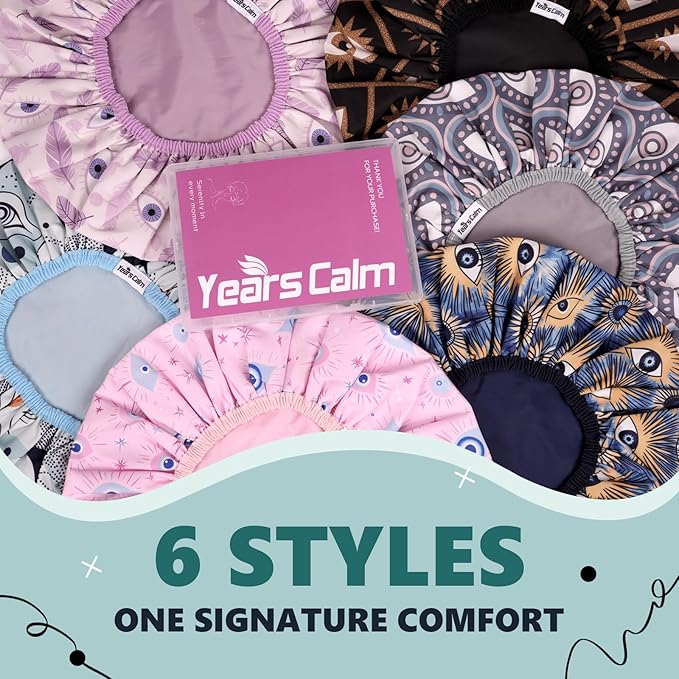 Years Calm Evil Eye Shower Caps for Women Reusable Waterproof, Pattern and Solid Color Dual-Layer Design, Hair Cap for Shower with Elastic Band, Fits Braids, Dreadlocks & Long Hair (Blue)