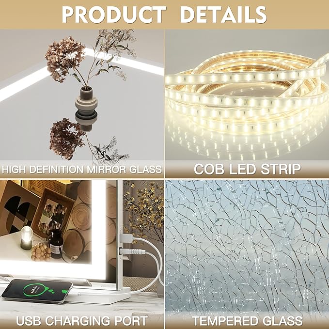 Vanity Mirror with Lights, 32" x 22" Large Lighted Vanity Mirror with Dimmable 3 Modes, LED Makeup Mirror, USB Charging Port, Tabletop or Wall-Mounted Square White