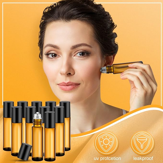 Sumind Essential Oil Roller Bottles - 250 Pcs, 10 ml Glass, Stainless Steel Roller Balls, Leakproof, Funnel Included(Amber)