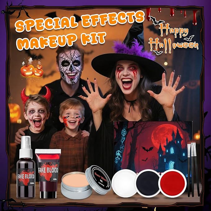 CAHIUYOA Halloween Special Effects SFX Zombie Vampire Makeup Kit,Black White Red Face body Paint with Fake Blood Spray & Gel,Scar Wax,Spatula,Brush Stipple Sponges for Halloween Cosplay Party(20PCS)