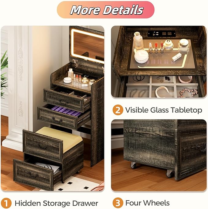 Makeup Vanity, 3-in-1 Vanity with Flip-Top Mirror, Visible Glass Desktop & 3-Color Lighting, 20'' Intelligent Makeup Desk with USB Charging Station & Hidden Storage Stool for Bedroom, Brown