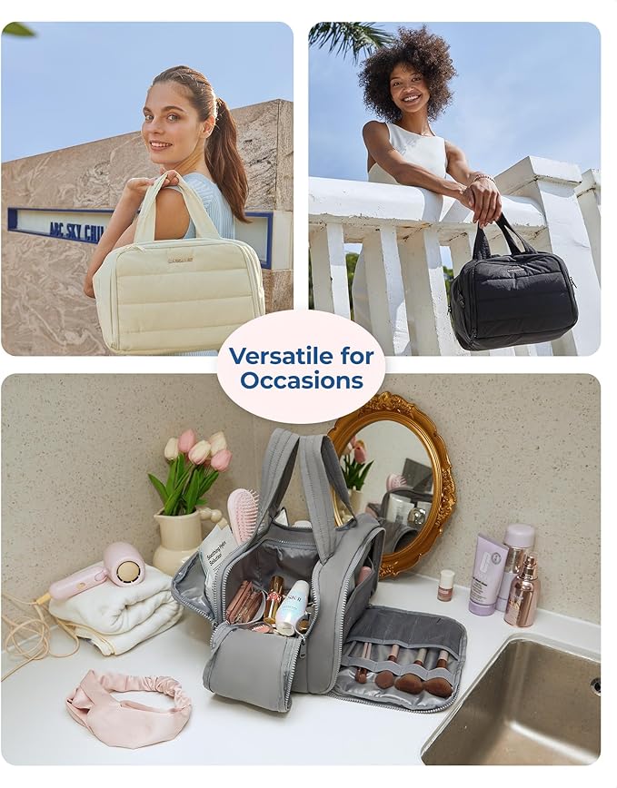 BAGSMART Travel Toiletry Bag, Lightweight Large Wide-open Travel Bag for Women, Puffy Cosmetic Makeup Bag Organizer with Handle for Accessories,Essentials, Toiletries, Grey