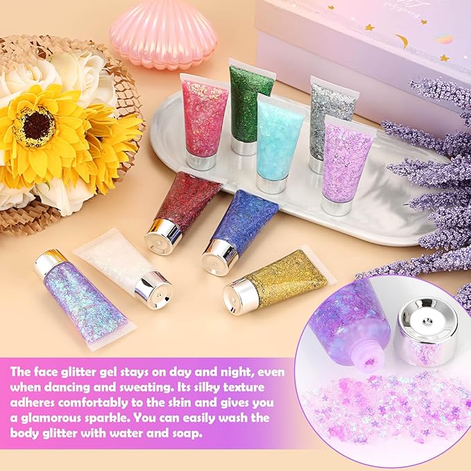 10 Colors Body Face Glitter Gel for Skin and Hair, Makeup Sparkles Rave Accessories for Festival Outfits, Mermaid Decorations, Disco Cowgirl, Mardi Gras