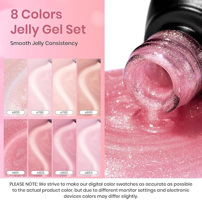Beetles Pink Gel Nail Polish Set, 8 Colors Nude Pink Jelly Gel Polish Shimmer Glitter Sheer Transparent Effect Classic Neutral Nail Polish Soak Off UV French Nail Art Manicure Salon Gift for Women