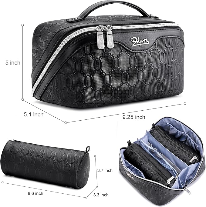 BOYATU Travel Makeup Bag for Women: Cosmetic Organizer Bag with Compartments - Leather Make up Bags Set of 3 (Black)