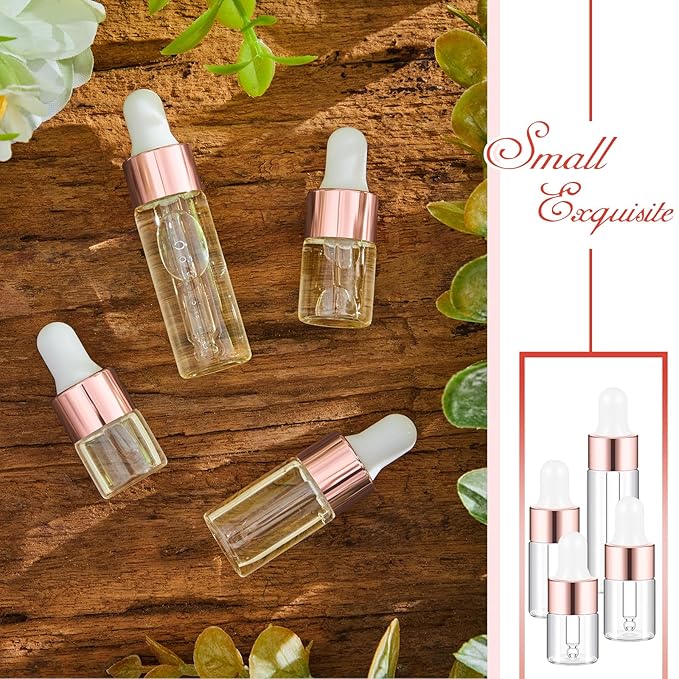 100 Pcs Mini Glass Oil Dropper Bottle Bulk, Clear Essential Small Empty Bottles Sample Containers Perfume Liquid Vials with Cap for Traveling (1ml,2ml,3ml,5ml,Rose Gold)