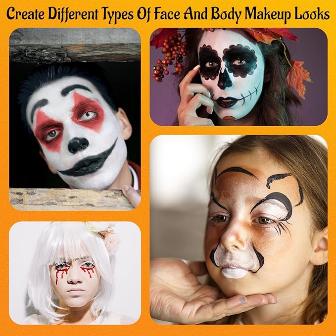 13PCS Clown Makeup Kit, Black + White + Red + Dark Red Face Body Paint Set with 6 Painting Brushes & 3 Sponge,Halloween Oil Based Body Paint for Adults Joker Zombie Vampire Skeleton Costume SFX Makeup