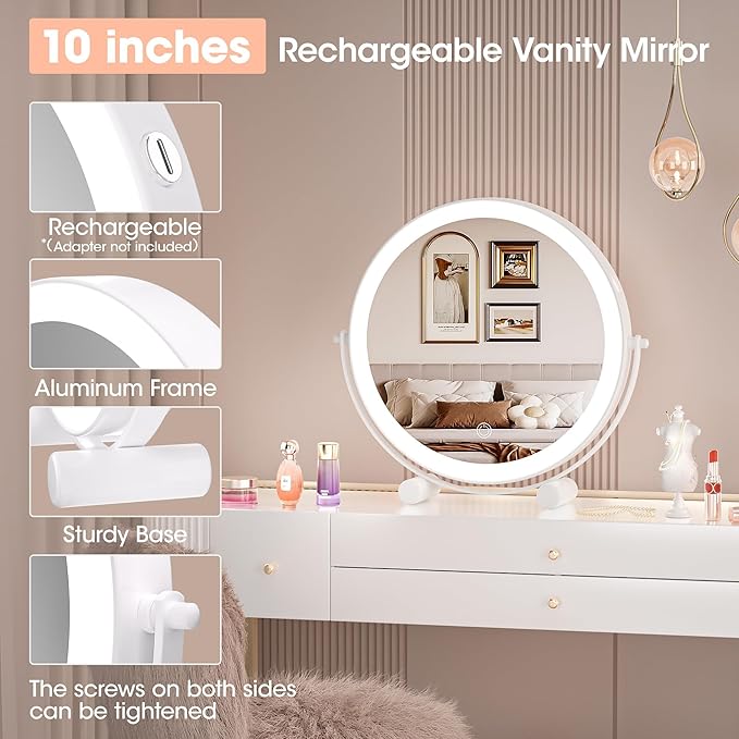 Hasipu 10-inch Lighted Makeup Mirror with 7X Magnification, White Frame Rechargeable 3000 mAh Vanity Mirror with Lights, Desk Mirror with Dimmable Brightness, 3 Lighting Modes