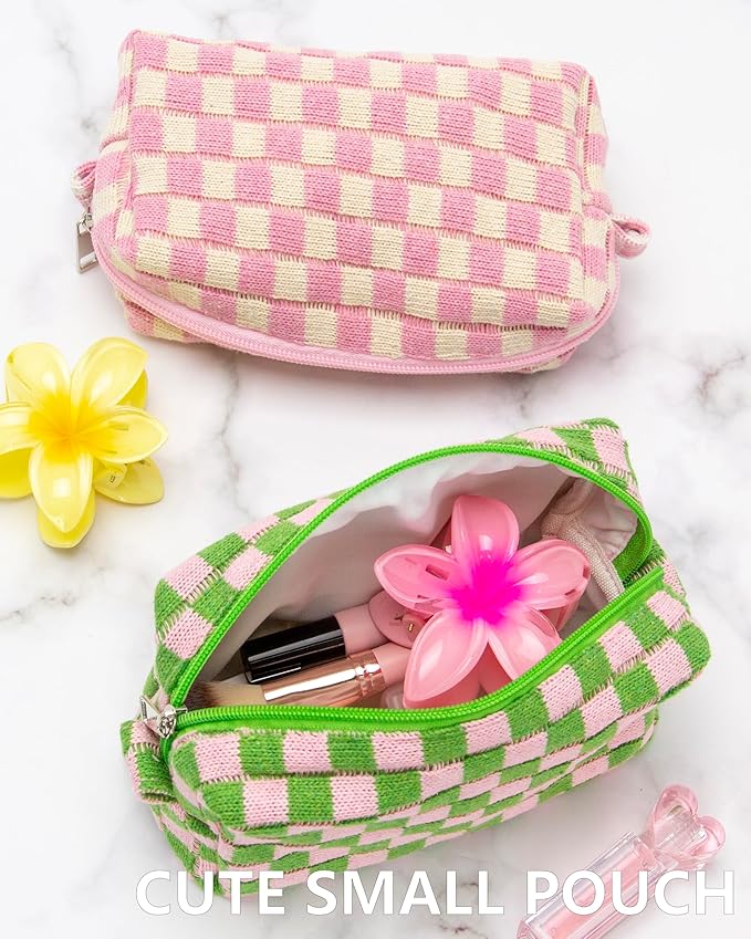 PAZIMIIK Checkered Makeup Bag for Purse Portable Zipper Make Up Pouch Small Cosmetic Case for Travel Accessories Pink Green