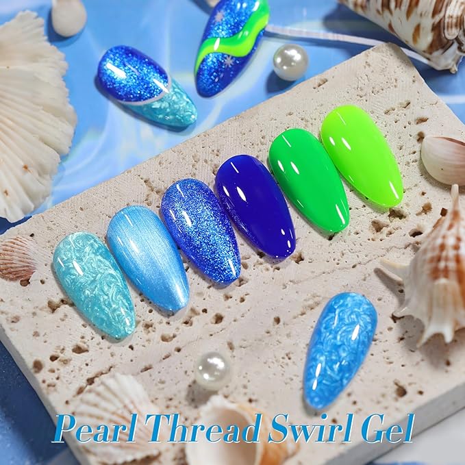 BORN PRETTY Blue Gel Nail Polish 6 Colors Shimmer Swirl Pacific Blue Glitter Blue Green Gel Polish Swirl Shell Thread Effect Soak Off Nail Art Design Salon Home Manicure Gift