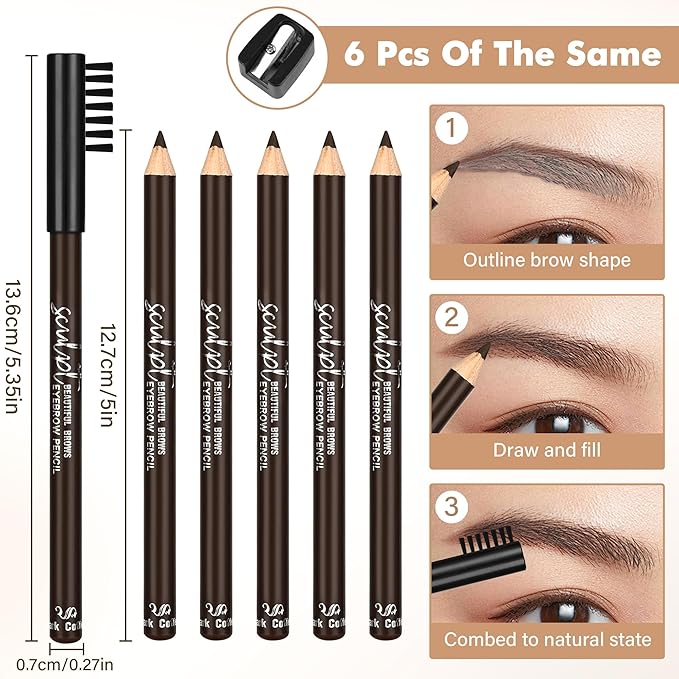 6Pcs Eyebrow pencil wooden,Brow Kit with Brush and Sharpener,Eyebrow Pencils for Women,Fine Tip Eye Brow Eye Liner for Eye Makeup,Shapes, Defines, Fills Brows (Dark Brown-04)