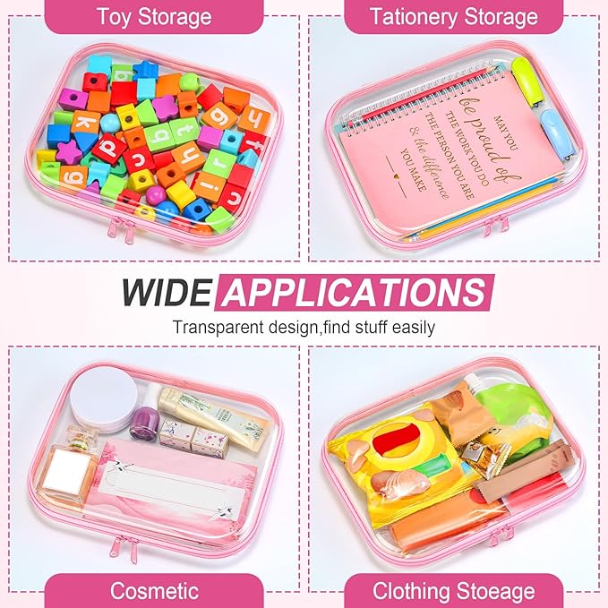 Sanwuta 6 Pcs Clear Hard Zipper Case Pencil Pouches Hard Plastic Zipper Pouches Makeup Bag Transparent Cases for Snacks Plastic Storage Organizer Box for Travel(Pink,9.84 x 7.87 x 2 Inch)