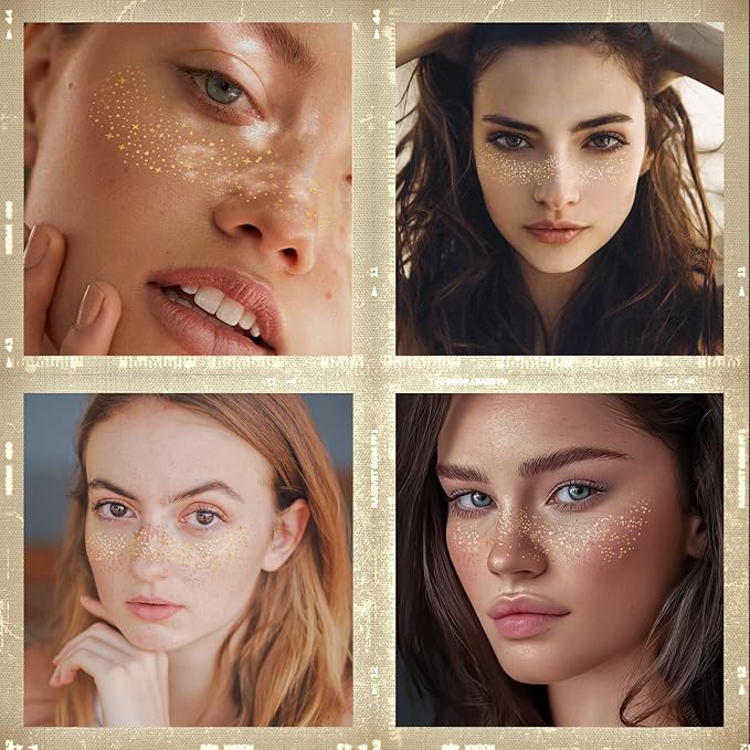 Face Glitter Freckles Tattoo, Glitter Face Makeup Patches, Body Glitter Sparkle Freckles Stickers for Women Kid, Festival Concert Carnival Party Halloween Decor Rave Outfits, 24PCS Gold Glitter