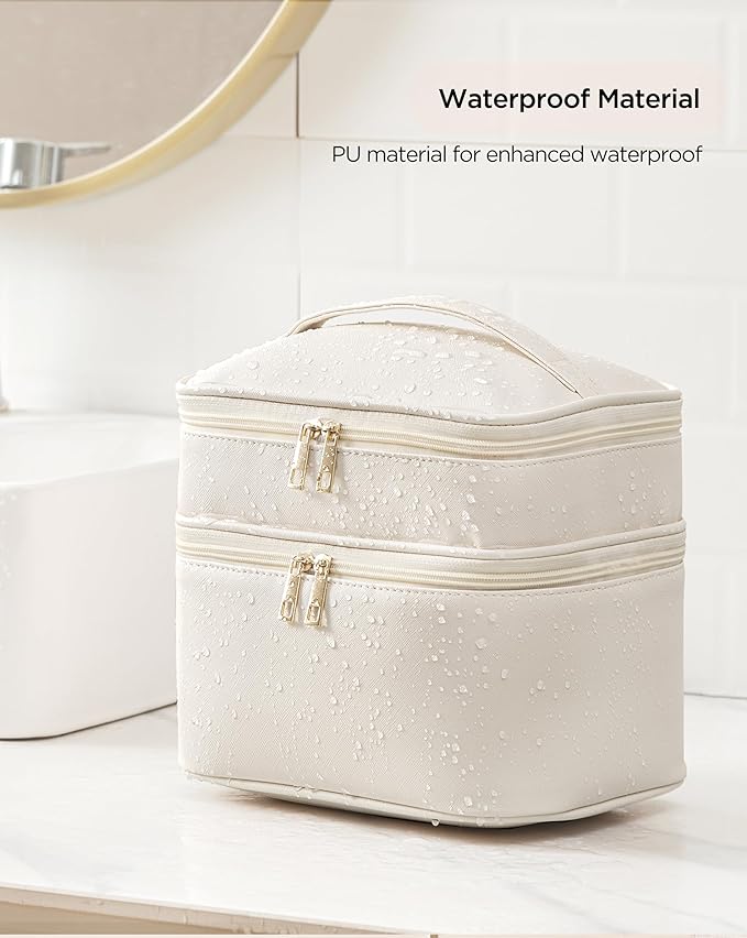 Makeup Bag for Women, X-Large Travel Makeup Bag Organizer, Portable Toiletry Bag, Cute Makeup Bags Waterproof Leather Cosmetic Bag Makeup Case with Removable Dividers, Beige