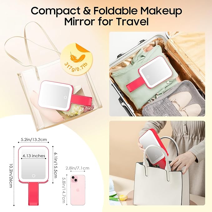 B Beauty Planet Small Travel Makeup Mirror with Lights(10" L x 5" W), Double-Sided 1X/30X Magnifying Mirror, 3 Color Lighting & Brightness Adjustable, Portable &Foldable Mirrors with Light (Red)