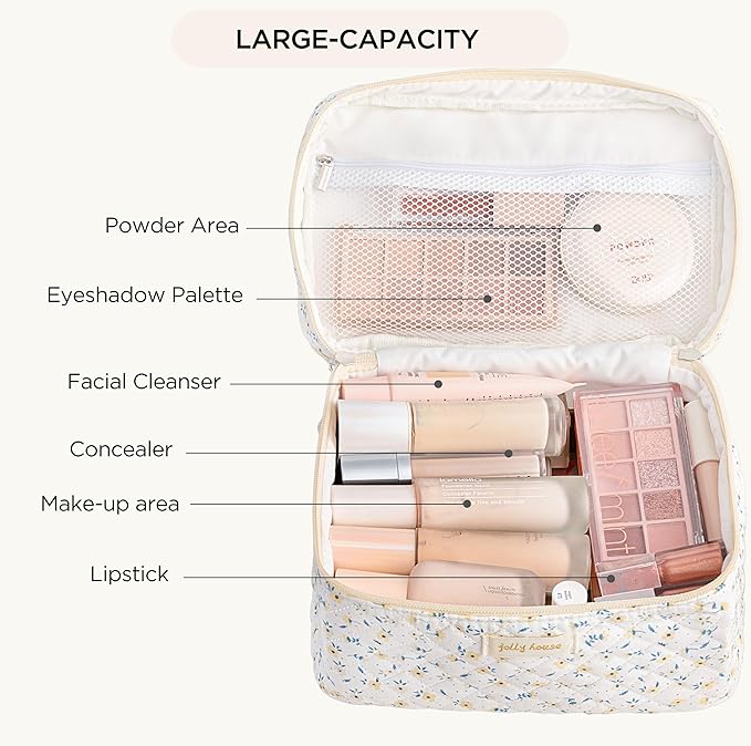 HBselect 2Pcs Travel Makeup Bag, Large Cotton Quilted Makeup Bag Cosmetic Bag Cute Make up Bag Toiletry Bags for Women Girls