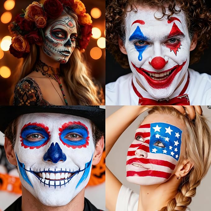 Halloween White Blue Red Face Painting Kit For Joker & USA Flag Makeup, Body Paint for 4th of July Pride Independence Day, Cosplay, Costume, Theme Parties and SFX Special Effect