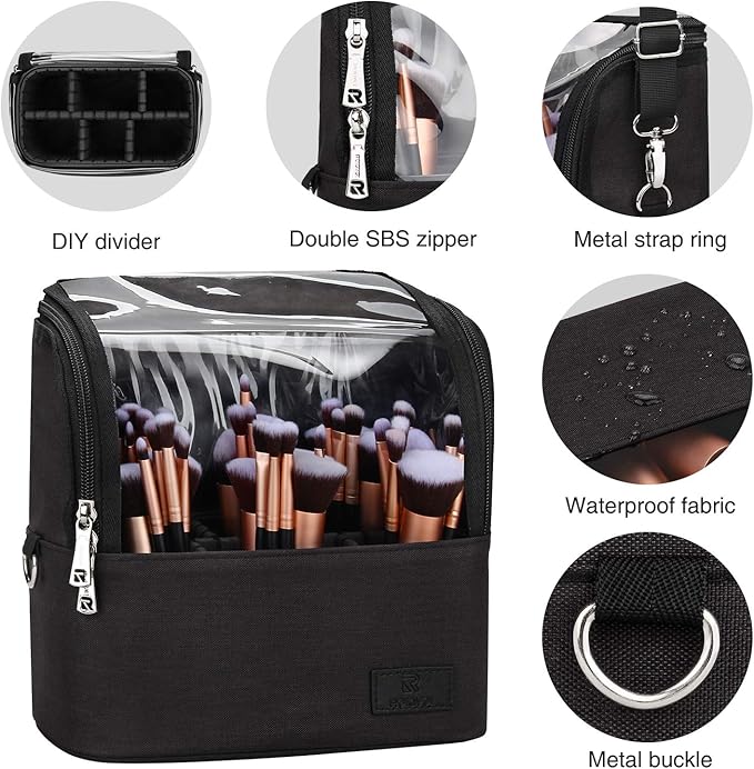 Relavel Professional Makeup Case Makeup Backpack and Makeup Brush Case for Makeup Artists, Durable Water-resistant Material, with Shoulder Strap and Adjustable Dividers Black
