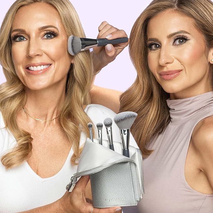 BK BEAUTY BRUSHES - ANGIE HOT & FLASHY Travel Brush Set with Pouch - Foundation Makeup Brushes - Brush for Liquid or Cream Foundations - Under-Eye Concealer | Bronzer, Blush & Highlighter Makeup Brush