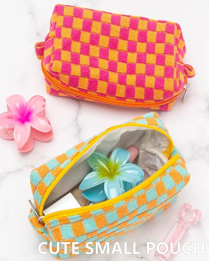 PAZIMIIK Checkered Makeup Bag for Purse Portable Zipper Make Up Pouch Small Cosmetic Case for Travel Accessories Orange Green