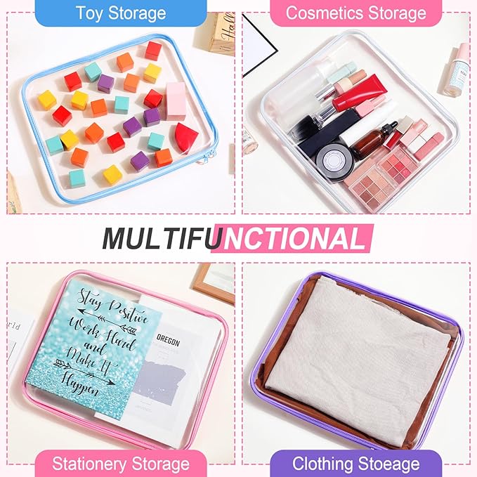 Hoolerry 4 Pcs Hard Clear Zipper Case Makeup Bags Plastic Pencil Pouch Transparent Storage Box Containers for Cosmetics, Snacks, Building Blocks, Puzzles(Multicolor,13.8 x 11.8 x 2 in)