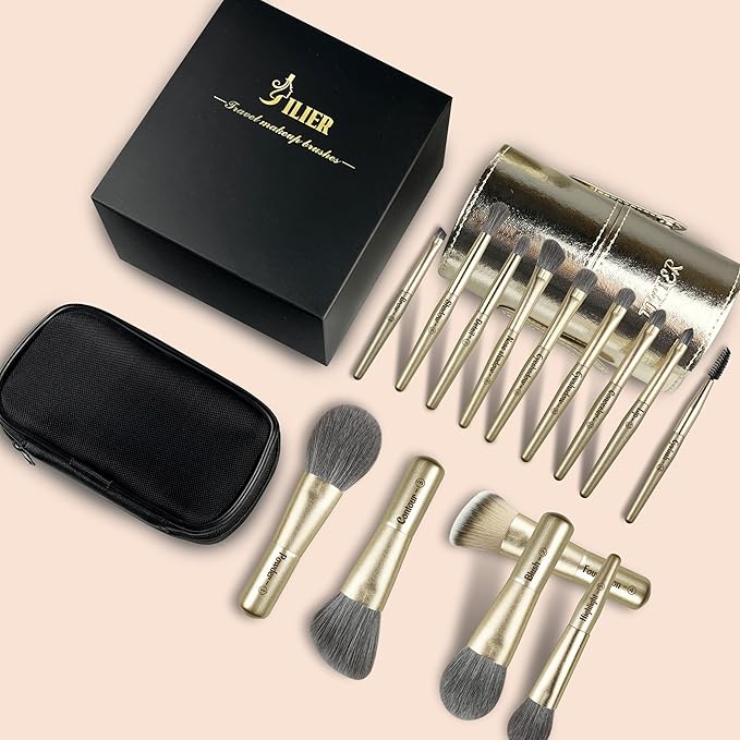 Jilier Travel Makeup Brush Set, 14 pcs Mini Makeup Brushes for Foundation, Powder, Eyeshadow, Highlight, Contour, Blush & Concealer, Small Makeup Brush Set Purse Size with Case