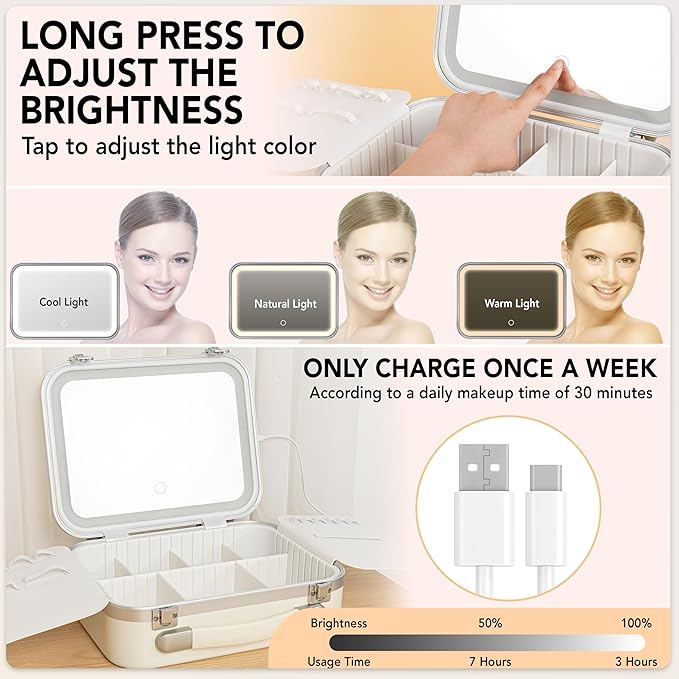 Lighted Makeup Case with Mirror - Standard Size 11.4" x 9" - Travel Makeup Train Case With Mirror - Rechargeable LED Travel Vanity Case with Adjustable Brightness - Train Case Makeup Bag - White