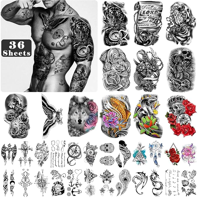 Yazhiji 36 Sheets Temporary Tattoos Stickers Include 12 Sheets Large Stickers Fake Body Arm Chest Shoulder Tattoos for Men and Women