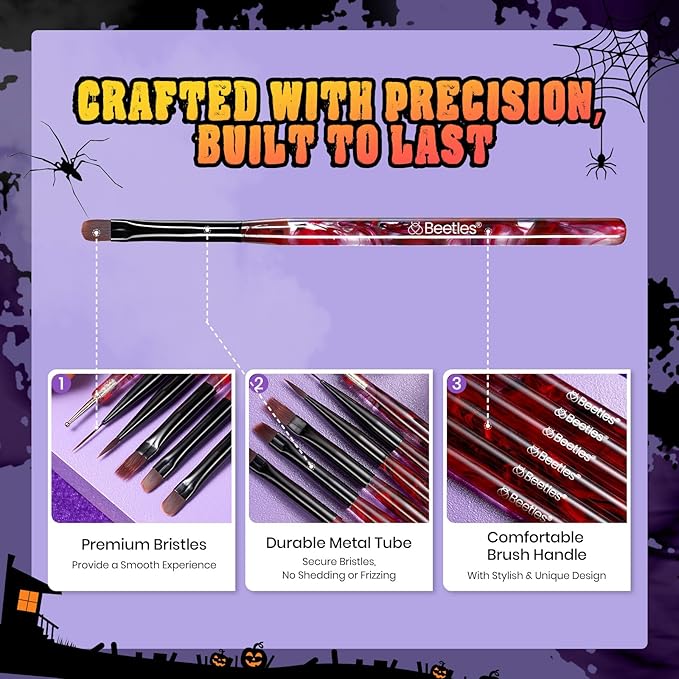 Beetles Halloween Nail Art Brushes, Blood Entwined Nail Art Pens 6pcs with Pumpkin Palette Holder Halloween Charms Manicure Design Dotting Tools Draw Liner Gradient French Brushes DIY Nails Supplies