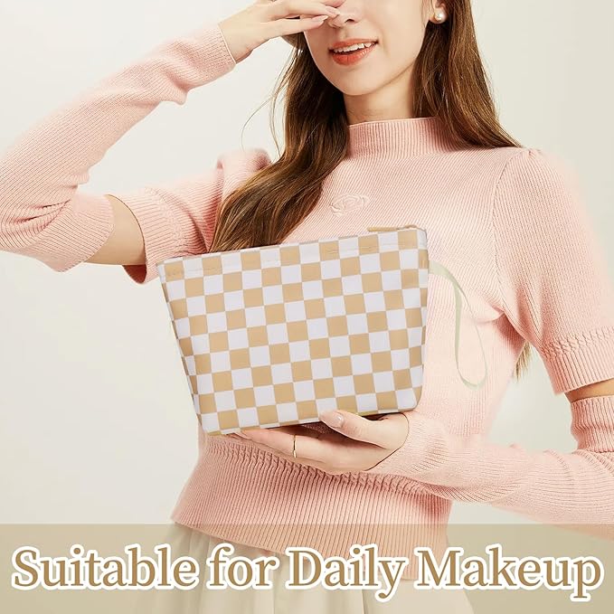 Ethereal Small Makeup Bag, Checked Travel Makeup Bag with Makeup Brush Holder, Cosmetic Bag Black Make up Pouch for Women/Girls