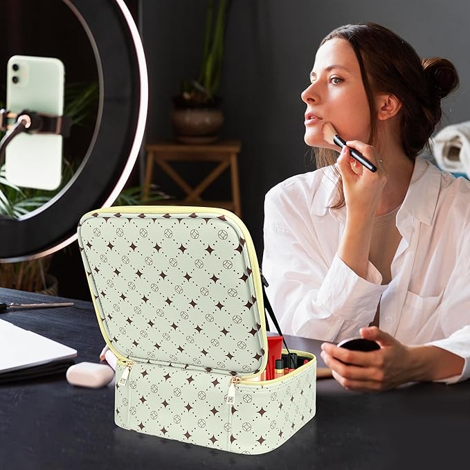 Travel Makeup Bag,Waterproof Cosmetic Organizer, Adjustable Dividers,Portability Cosmetic Train Case,Makeup organizer,Gift for Women,Girls Gift (Green+Yello)