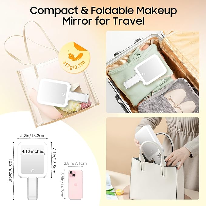 B Beauty Planet Small Travel Makeup Mirror with Lights(10" L x 5" W), Double-Sided 1X/30X Magnifying Mirror, 3 Color Lighting & Brightness Adjustable, Portable &Foldable Handheld Mirror with Lights