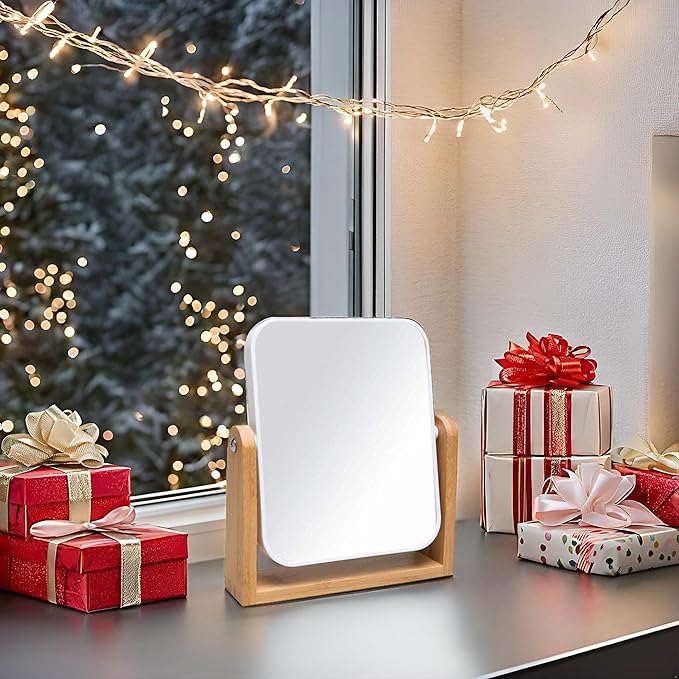 YEAKE Vanity Makeup Mirror with Natural Bamboo Stand, 8 Inch Double Sided 360 Degree Swivel Magnifying Mirror for Table, Desk, Countertop Shaving Make Up